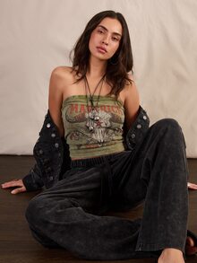 Easelle Vintage Bohemian Casual Waist Design Straight Leg Wide Leg Pants Vacation Work Home Dark Wash Autumn - Grey - View 4