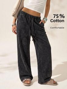 Easelle Vintage Bohemian Casual Waist Design Straight Leg Wide Leg Pants Vacation Work Home Dark Wash Autumn - Grey - View 1