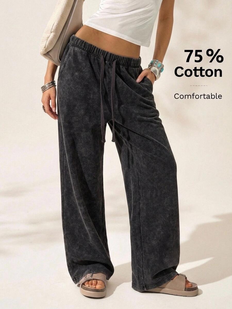 Easelle Vintage Bohemian Casual Waist Design Straight Leg Wide Leg Pants Vacation Work Home Dark Wash Autumn - Grey - View 1