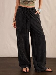 Easelle Vintage Bohemian Casual Waist Design Straight Leg Wide Leg Pants Vacation Work Home Dark Wash Autumn - Grey - View 5
