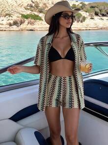 SHEIN Swim Spring/Summer High-End Elegant New Colorful Woven Short Sleeve Cardigan With Shorts Resort Style Women Swimwear Set - Multicolor - View 3