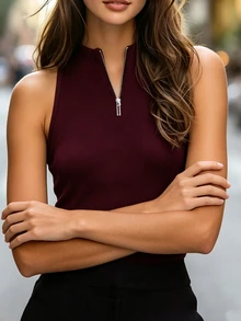 SHEIN Elegant Wine Red Sleeveless Zip-Up Knit Top, Slim Fit, French Style, Commuting Chic Top For Summer - Burgundy - View 6