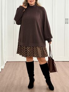 SHEIN CURVE+ Women's Plus Size High Neck Knit Ribbed Patchwork Polka Dot Brown Dress, Loose Comfortable Dress For Autumn/Winter, Suitable For 5XL-8XL Fall - Brown - View 6