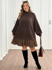 SHEIN CURVE+ Women's Plus Size High Neck Knit Ribbed Patchwork Polka Dot Brown Dress, Loose Comfortable Dress For Autumn/Winter, Suitable For 5XL-8XL Fall - Brown - View 7