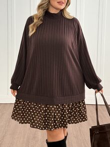 SHEIN CURVE+ Women's Plus Size High Neck Knit Ribbed Patchwork Polka Dot Brown Dress, Loose Comfortable Dress For Autumn/Winter, Suitable For 5XL-8XL Fall - Brown - View 4