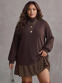 SHEIN CURVE+ Women's Plus Size High Neck Knit Ribbed Patchwork Polka Dot Brown Dress, Loose Comfortable Dress For Autumn/Winter, Suitable For 5XL-8XL Fall - Brown - View 1