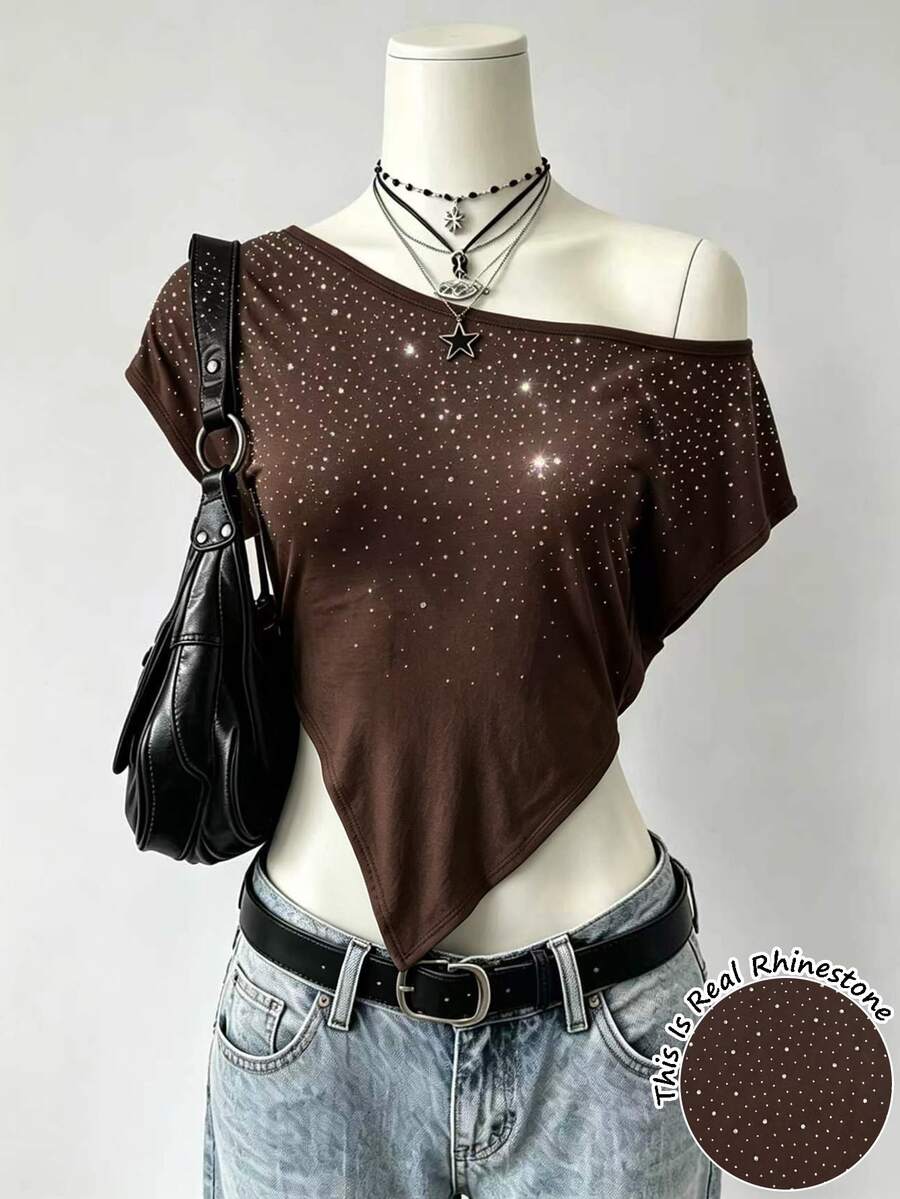 Lalippa Women's Top, Jersey Knit Asymmetric Off-The-ShoulderPoncho,Summer - Brown - View 1