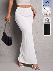 SHEIN PETITE Women's Solid Color Slit Design Casual Sexy Versatile Daily Wear Skirt Everyday Going Out White Summer - White - View 5