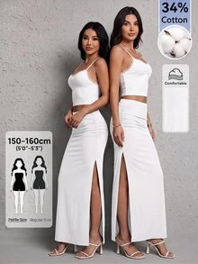 SHEIN PETITE Women's Solid Color Slit Design Casual Sexy Versatile Daily Wear Skirt Everyday Going Out White Summer - White - View 3