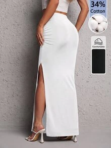 SHEIN PETITE Women's Solid Color Slit Design Casual Sexy Versatile Daily Wear Skirt Everyday Going Out White Summer - White - View 2