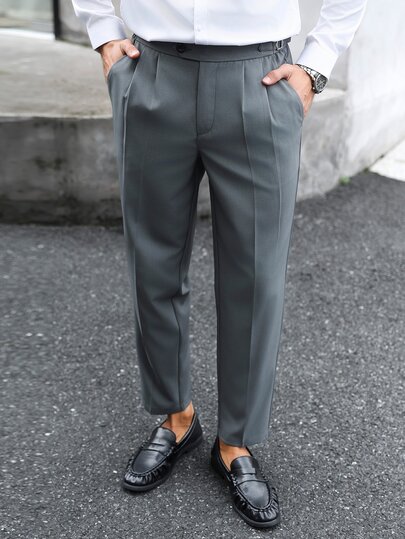 Manfinity Mode Men's Vintage Side-Button Double Pleated Wrinkle-Resistant Dress Pants, Loose Straight Leg Draped Business Mature