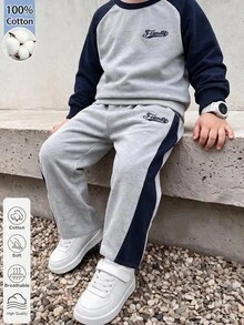 SHEIN 男童韓系簡約黑灰配色拼接插肩袖圓領運動衫搭配同款配色拼接寬鬆運動長褲套裝，春季日常穿著 - 灰色 - 查看 10