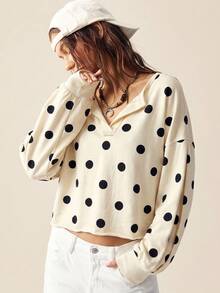 Bohemela Women's Polka Dot Print Drop Shoulder Long Sleeve Casual Loose Sweatshirt - Apricot - View 4