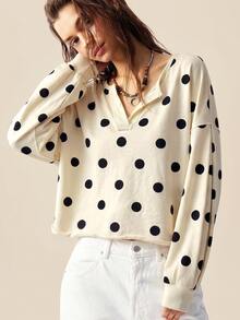 Bohemela Women's Polka Dot Print Drop Shoulder Long Sleeve Casual Loose Sweatshirt - Apricot - View 3