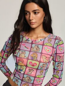 SCOOBY-DOO X SHEIN Women's Heart Print Long Sleeve Cropped Fitted Top SCOOBY-DOO - Multicolor - View 6