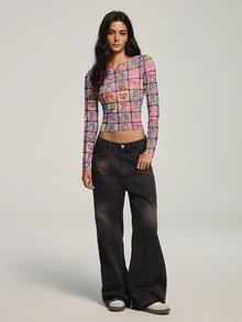 SCOOBY-DOO X SHEIN Women's Heart Print Long Sleeve Cropped Fitted Top SCOOBY-DOO - Multicolor - View 1