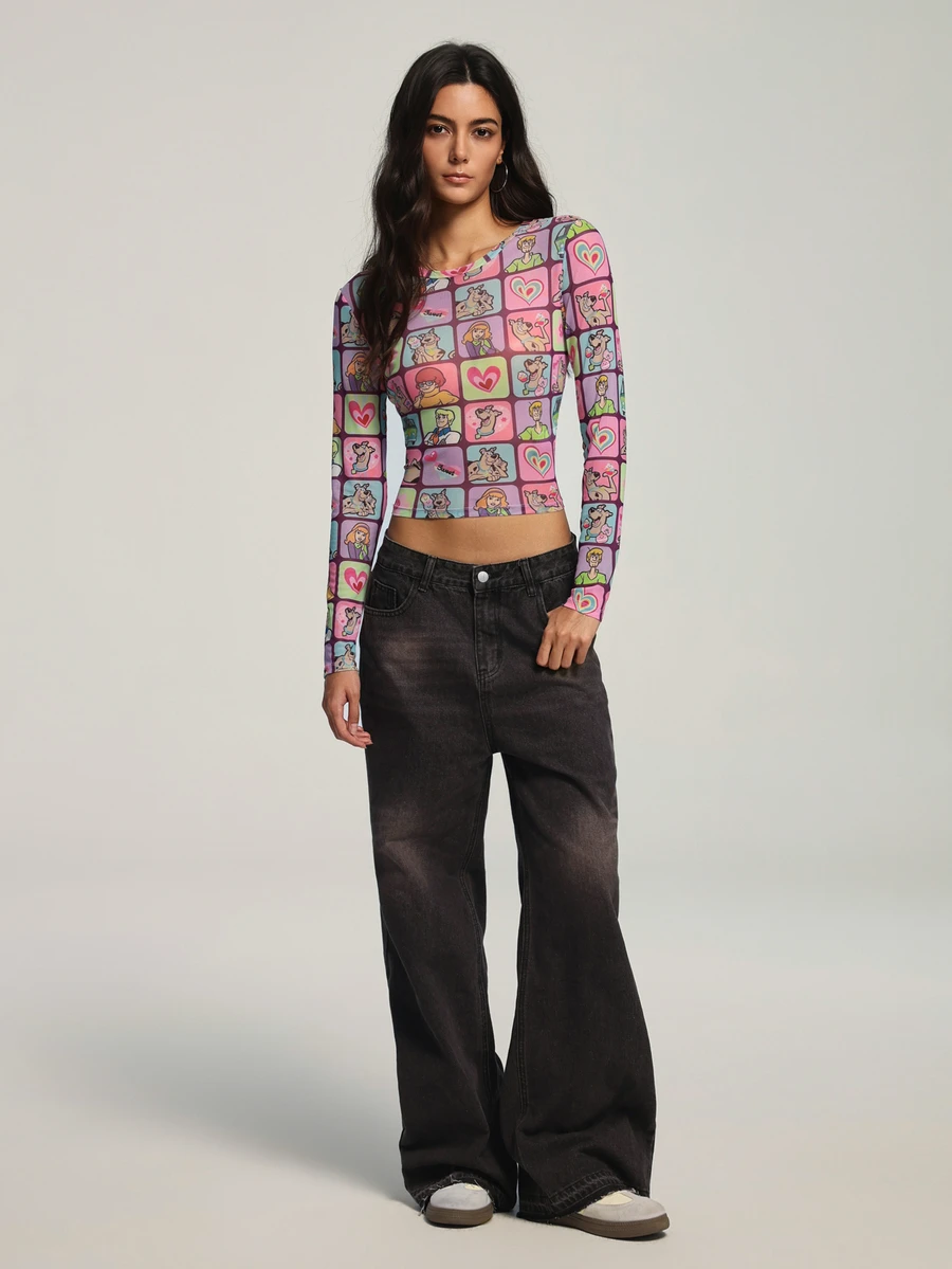 SCOOBY-DOO X SHEIN Women's Heart Print Long Sleeve Cropped Fitted Top SCOOBY-DOO - Multicolor - View 1