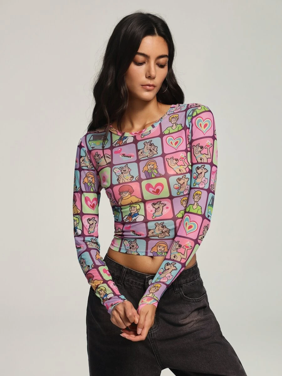 SCOOBY-DOO X SHEIN Women's Heart Print Long Sleeve Cropped Fitted Top SCOOBY-DOO - Multicolor - View 1