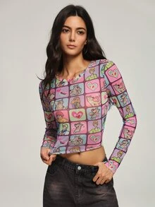 SCOOBY-DOO X SHEIN Women's Heart Print Long Sleeve Cropped Fitted Top SCOOBY-DOO - Multicolor - View 4