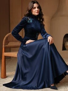Anewsta Women's Velvet Printed French Style V-Neck Patchwork Long Dress - Navy Blue - View 6