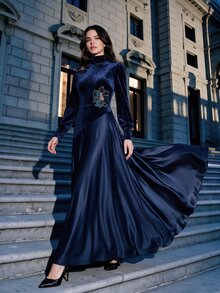 Anewsta Women's Velvet Printed French Style V-Neck Patchwork Long Dress - Navy Blue - View 1
