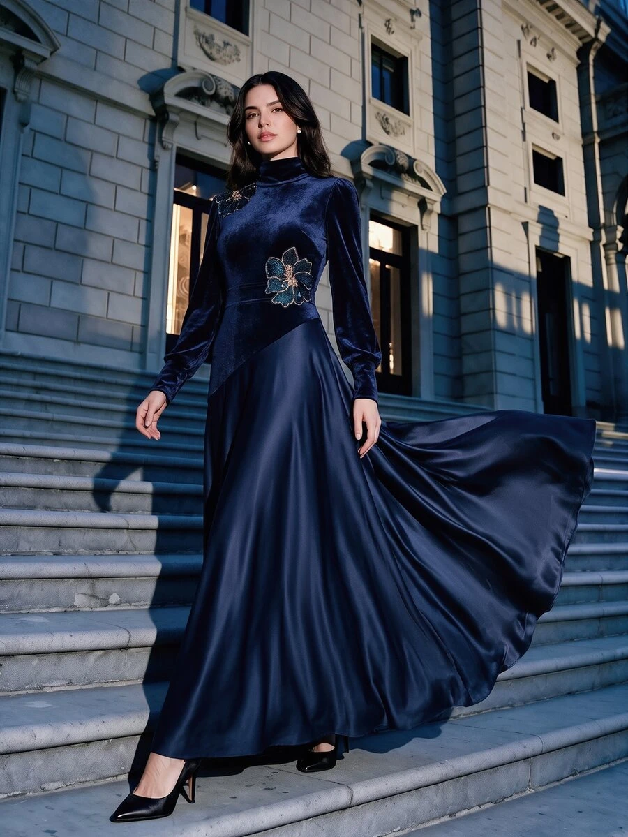 Anewsta Women's Velvet Printed French Style V-Neck Patchwork Long Dress - Navy Blue - View 1