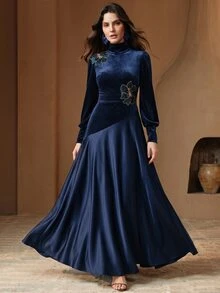 Anewsta Women's Velvet Printed French Style V-Neck Patchwork Long Dress - Navy Blue - View 4