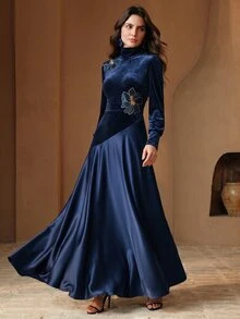 Anewsta Women's Velvet Printed French Style V-Neck Patchwork Long Dress - Navy Blue - View 3