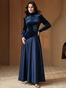 Anewsta Women's Velvet Printed French Style V-Neck Patchwork Long Dress - Navy Blue - View 7