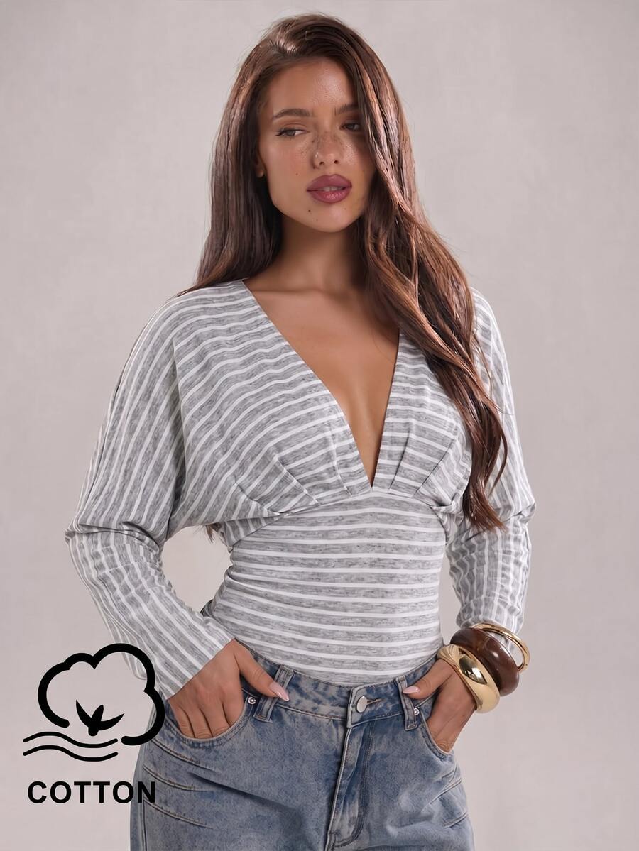 SHEIN BAE 女款冬季可追溯棉質V領性感條紋長袖上衣,優雅派對海灘婚禮萬聖節聖誕節穿搭 - 彩色 - 查看 1
