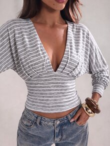 SHEIN BAE 女款冬季可追溯棉質V領性感條紋長袖上衣，優雅派對海灘婚禮萬聖節聖誕節穿搭 - 彩色 - 查看 4
