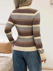 SHEIN EZwear Women's V-Neck Colorblock Casual Daily Long Sleeve Sweater - Multicolor - View 2