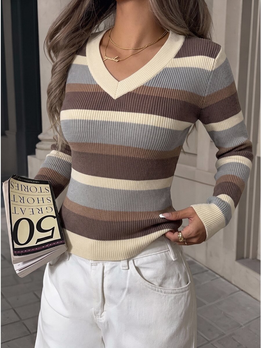 SHEIN EZwear Women's V-Neck Colorblock Casual Daily Long Sleeve Sweater - Multicolor - View 1