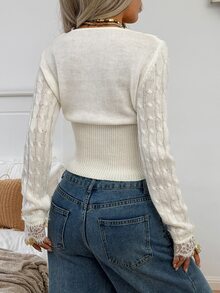 SHEIN EZwear Women's Sweet French Style Lace Patchwork Knit Cardigan - White - View 2