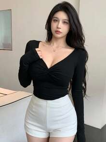 DAZY 女士休闲纯色扭结长袖 T 恤，秋冬，秋季女装 - 黑色 - 查看 3