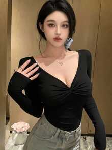 DAZY 女士休闲纯色扭结长袖 T 恤，秋冬，秋季女装 - 黑色 - 查看 6