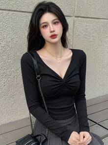 DAZY 女士休闲纯色扭结长袖 T 恤，秋冬，秋季女装 - 黑色 - 查看 1