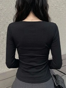 DAZY 女士休闲纯色扭结长袖 T 恤，秋冬，秋季女装 - 黑色 - 查看 8