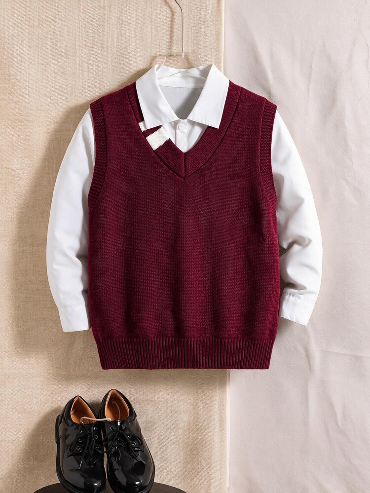 SHEIN Kids Young Boys Casual Preppy Versatile Grey Striped Vest Knitwear Sweater, Suitable For Spring, Autumn, Winter And Back To School Season - Burgundy - View 2