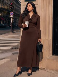 Juhart Fashionable Cowl Neck Fitted Waist A-Line Long Elegant Dress Fall - Coffee Brown - View 6