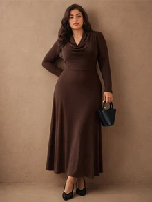 Juhart Fashionable Cowl Neck Fitted Waist A-Line Long Elegant Dress Fall - Coffee Brown - View 4