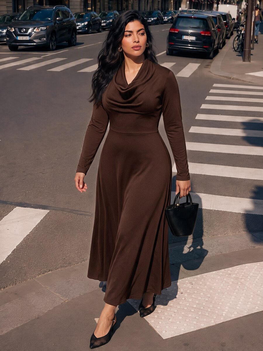 Juhart Fashionable Cowl Neck Fitted Waist A-Line Long Elegant Dress Fall - Coffee Brown - View 1