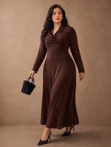 Juhart Fashionable Cowl Neck Fitted Waist A-Line Long Elegant Dress Fall - Coffee Brown - View 3