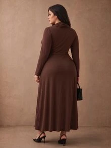 Juhart Fashionable Cowl Neck Fitted Waist A-Line Long Elegant Dress Fall - Coffee Brown - View 2