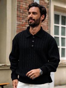 Manfinity Homme Men's Cable Knit Long Sleeve Polo Collar Casual Versatile Sweater, Old Money - Black - View 3