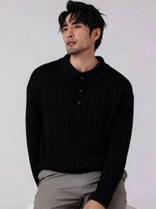 Manfinity Homme Men's Cable Knit Long Sleeve Polo Collar Casual Versatile Sweater, Old Money - Black - View 5