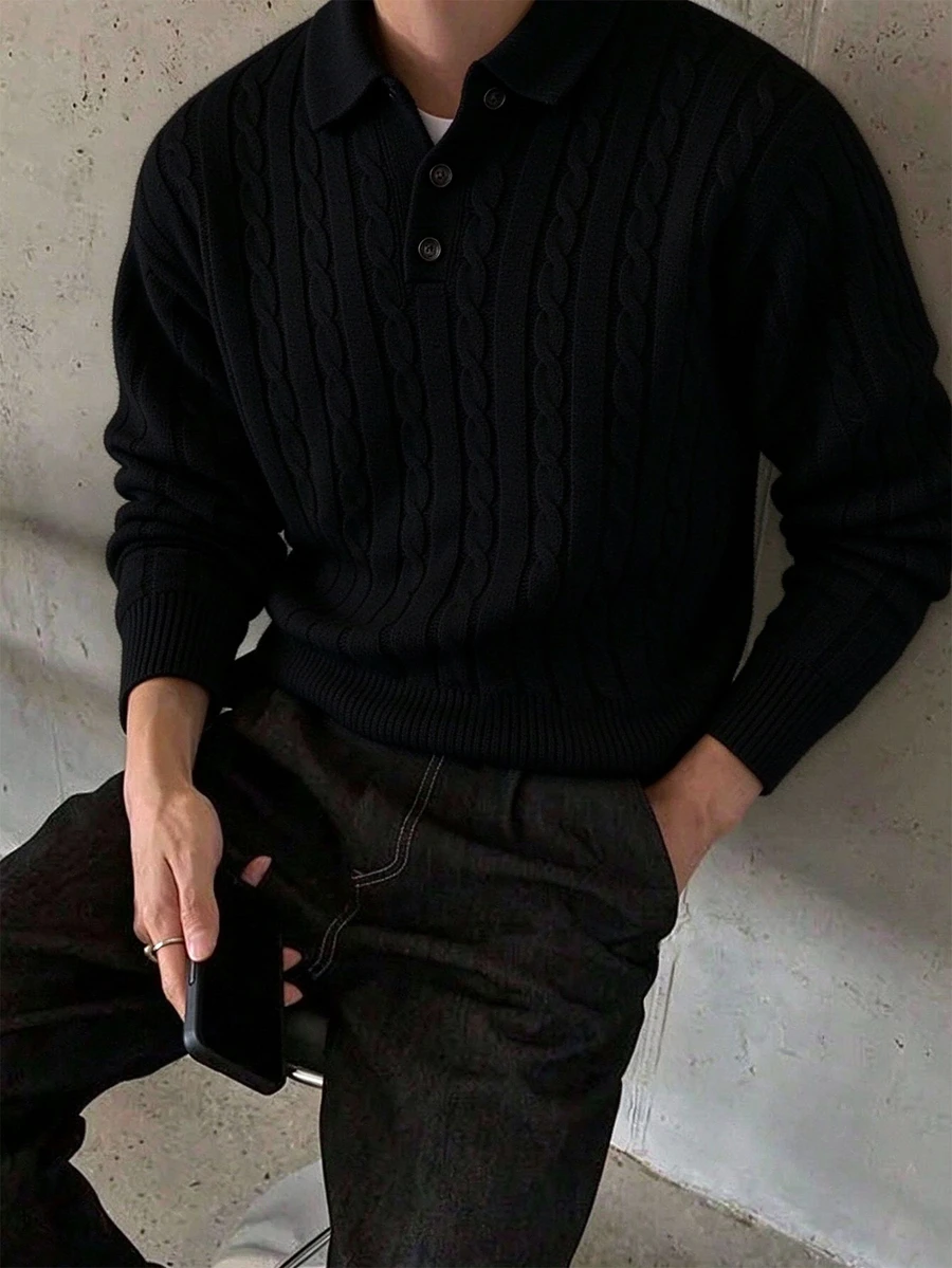Manfinity Homme Men's Cable Knit Long Sleeve Polo Collar Casual Versatile Sweater, Old Money - Black - View 1