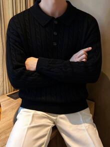 Manfinity Homme Men's Cable Knit Long Sleeve Polo Collar Casual Versatile Sweater, Old Money - Black - View 4