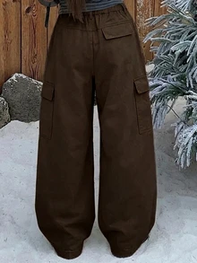 Dazy Plus Solid Color Casual Side Pocket Cargo Pants Street Loose Wide Leg Curved Leg Denim Jeans Fall - Brown - View 2