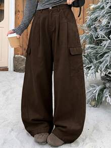 Dazy Plus Solid Color Casual Side Pocket Cargo Pants Street Loose Wide Leg Curved Leg Denim Jeans Fall - Brown - View 4